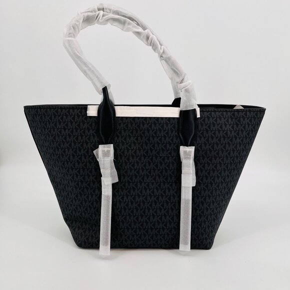 Michael Kors Moore Large Buckle Tote Black Logo Canvas Silver Hardware - Picture 2 of 16